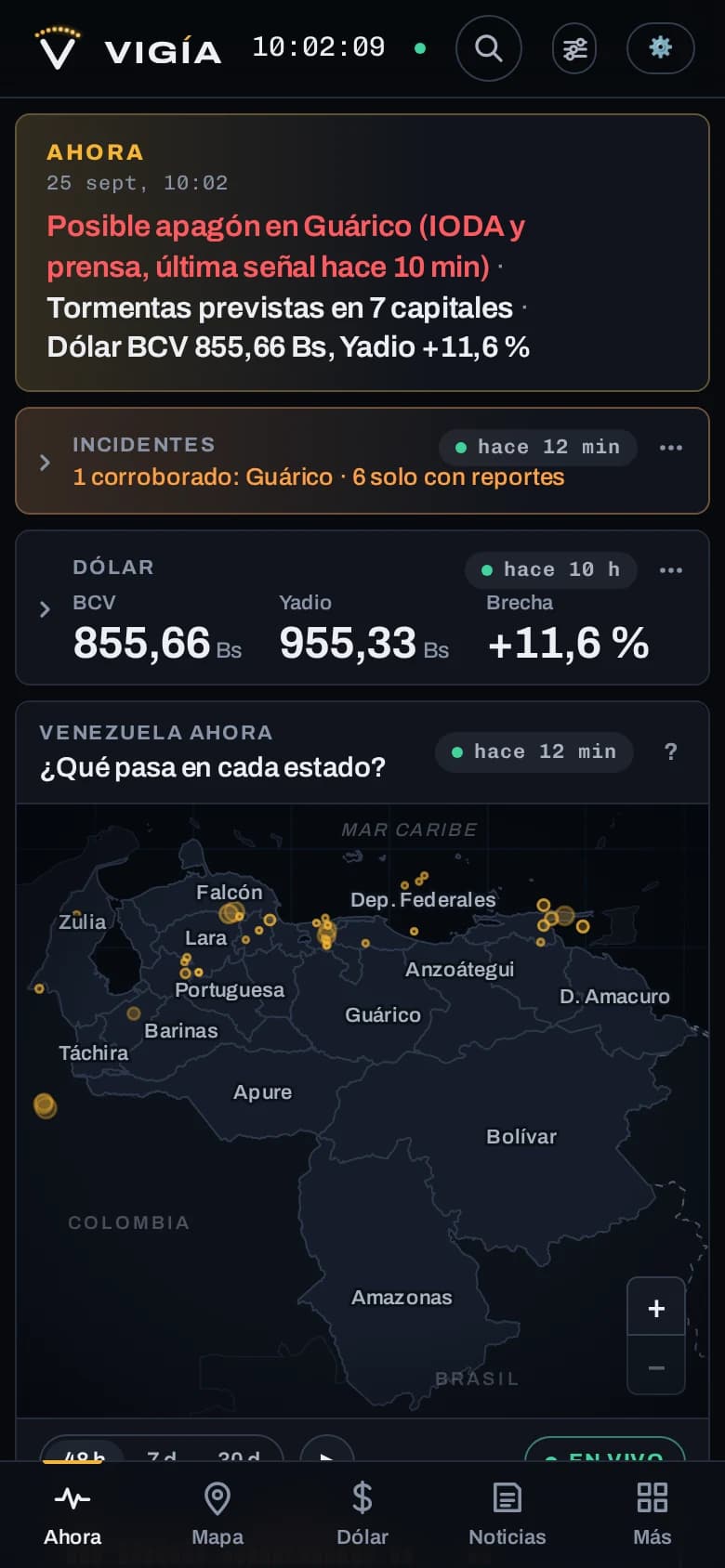 Vigía en un teléfono: la frase Ahora, incidentes, el dólar y el mapa, con la barra de secciones abajo.