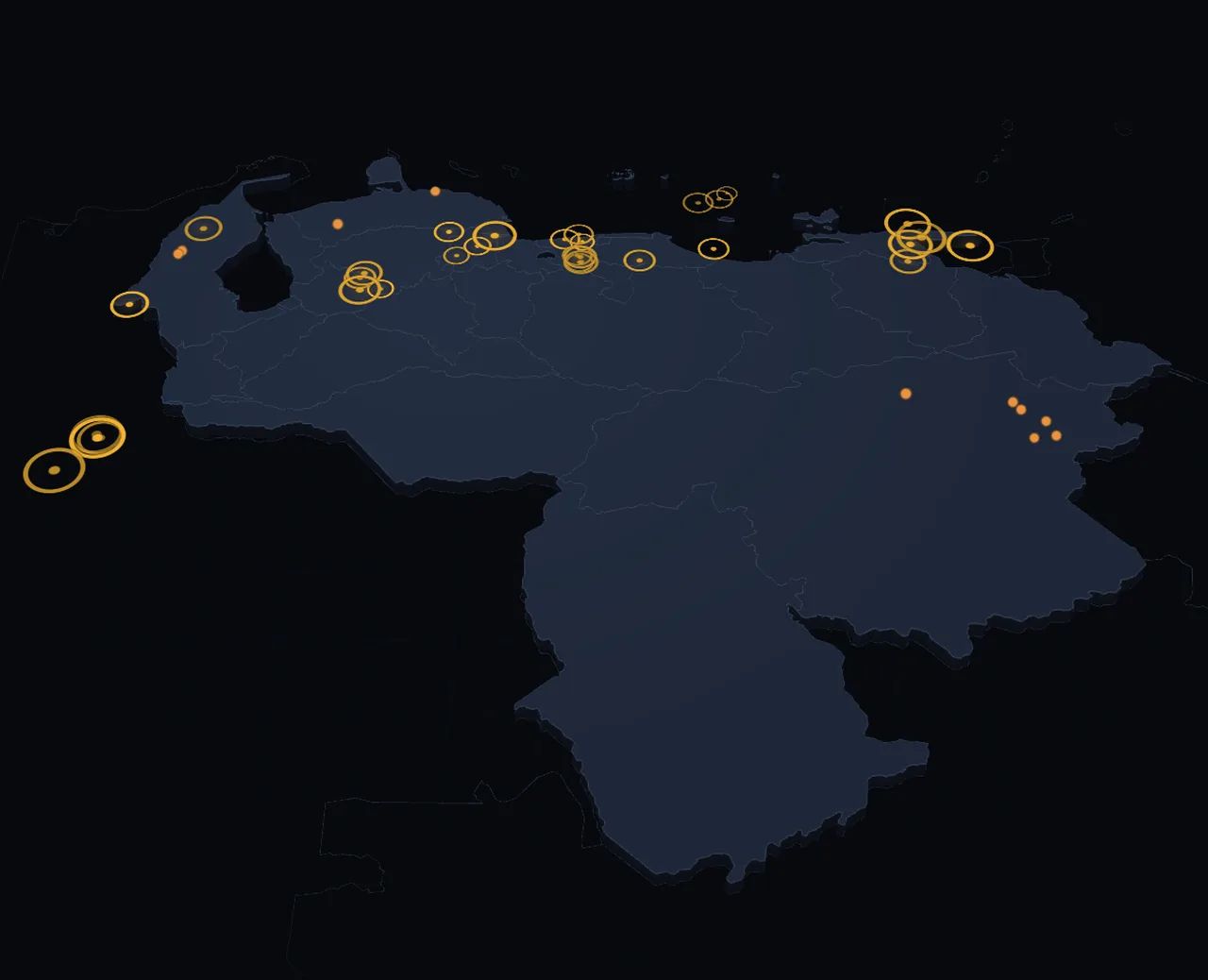 Mapa de Venezuela por estados, con 37 sismos de la última semana y los 10 focos de calor más intensos del día.